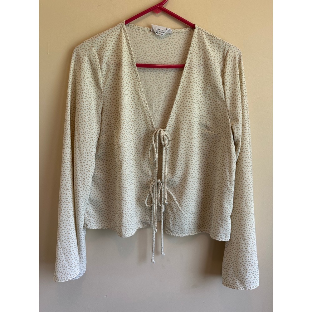 Sadie & Sage Cream Tan Abstract Petal Print Tie Front Long Sleeve Blouse M